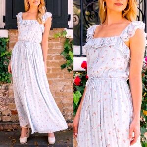 Gal Meets Glam Patricia Dress Women 8P Blue Floral Button Front Maxi Ruffle Neck